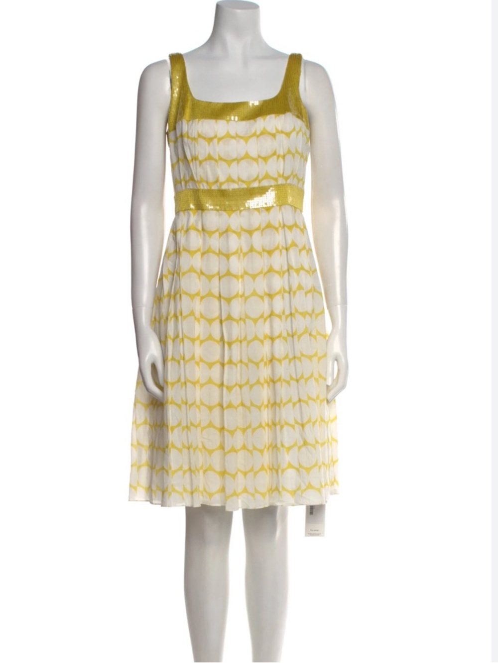 Carmen Marc Valvo White Yellow Geometric Pattern Sequins Sleeveless A-line Dress